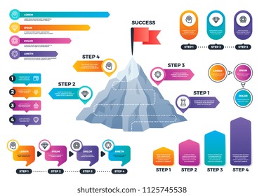 Steps to success infographics. Mountain graph with levels, achievement and mission business vector charts. Presentation graph and chart, diagram step data infographic illustration