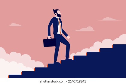 Steps To Success - Man Walking Up Stairs In Business Wear. Flat Design Vector Illustration