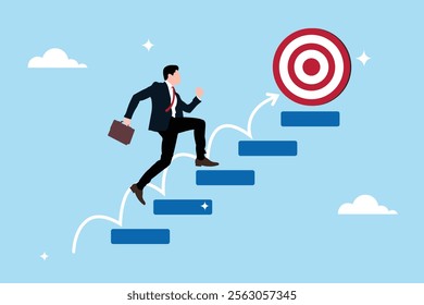 Steps to success or progress and striving to reach goals. Leadership for personal skill development. Crossing stairs or steps to achieve goals. Businessman is climbing the Stairs of success.