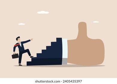 Pasos hacia el éxito en la consecución de la escala del rendimiento laboral o en la escalera del éxito en el desarrollo personal o profesional, los empresarios inteligentes pisan la escalera en forma de signo similar