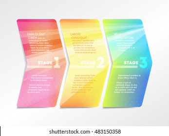 Steps to success. Step by step diagram. Workflow process in 1-2-3 colorful stages with text tags. For presentation designs.
