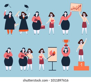 Steps to success of two woman friends. University graduation, search of work, working, graphics and analitycs. Final image are life winners on pedestal base with trophy. Rapid career growth. Feminism