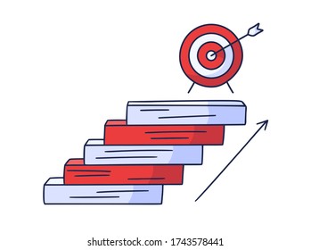 Avanza hasta el objetivo. Ilustración de Vector Doodle dibujada a mano con escaleras o escaleras encima de las cuales hay un icono del objetivo y la flecha. El camino hacia el éxito y la consecución de los objetivos