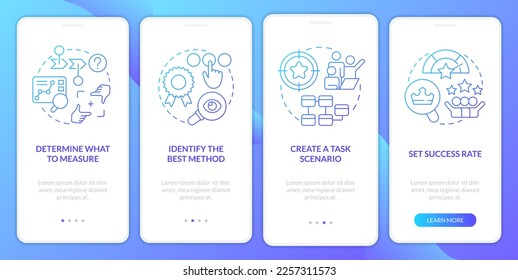 Steps to test website usability blue gradient onboarding mobile app screen. Walkthrough 4 steps graphic instructions with linear concepts. UI, UX, GUI template. Myriad Pro-Bold, Regular fonts used
