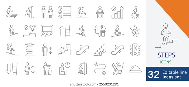 Schrittweise dünne Linie Symbol gesetzt. mit den folgenden Schritten, erreichen, Fortschritt, Schritt für Schritt, Boden, Fuß und mehr editierbare Liniensymbole