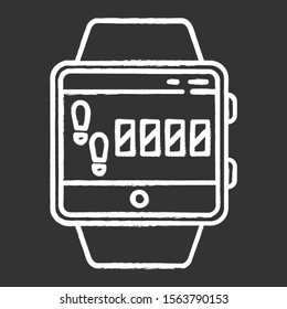 Steps tracking smartwatch function chalk icon. Fitness wristband capability and wellness service. Sport training, walking distance, leg based cardio exercise. Isolated vector chalkboard illustration