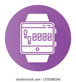 Steps tracking smartwatch function purple flat design long shadow glyph icon. Fitness wristband. Sport training, walking distance, leg based cardio exercise. Vector silhouette illustration