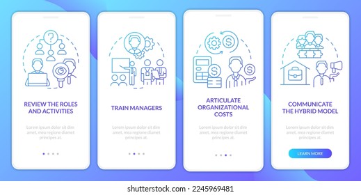 Pasos para transformar la pantalla de aplicación móvil con degradado azul. Recorrido de trabajo remoto 4 pasos de instrucciones gráficas con conceptos lineales. UI, UX, plantilla GUI. Multitud de tipos de letra Pro-Bold, con uso regular