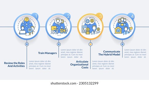 Steps to transformation circle infographic template. Remote work. Data visualization with 4 steps. Editable timeline info chart. Workflow layout with line icons. Lato-Bold, Regular fonts used