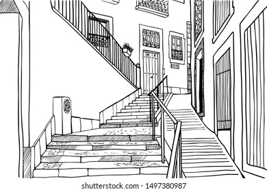 Steps up. Urban background in hand drawn sketch style. Old street in romantic Alfama, Lisbon, Portugal. Ink line drawing. Vector illustration on white.