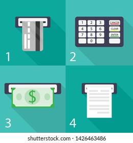 Steps to use atm. The process of pressing money. Financial transaction concept. Vector illustrations in flat design.