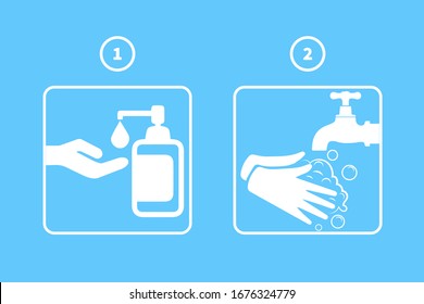 Steps for washing hands. Use liquid soap and wash your hands thoroughly. How to wash your hands properly. Stay away from germs. Protection from coronavirus. Covid-19 Flash.Vector icons in flat style