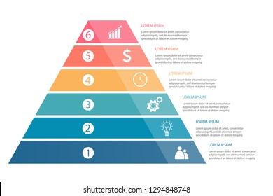 Steps To Work For Success In Business. Pyramid Infographic Template With Six Elements. Vector Illustrations In Flat Design.