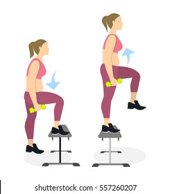 Stepup exercise for legs on white background. Healthy lifestyle. Workout for legs. Exercises for fat women. Obesity.