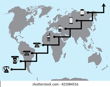 Stepwise evolution of technology. Phone development communicate, telephone digital generation. Vector flat design illustration