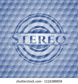 Stereo blue emblem with geometric pattern.