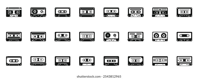 Stereo cassettes icons set. Collection of various black and white cassette tapes showcasing retro audio technology