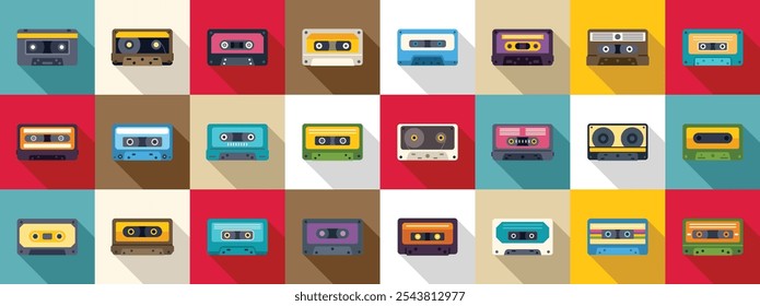 Stereo cassettes icons set. Flat design audio cassettes in various colors, evoking nostalgia for vintage music and analog sound recording technology