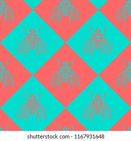 Stereo flies blue and red vector seamless pattern for fabric, wrapping, craft, cards, branding, textile