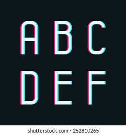 Stereo font, letters a, b, c, d, e, f on dark background