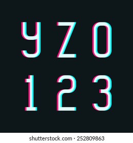 Stereo font, letters y, z and digits 0, 1, 2, 3 on dark background