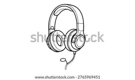 Stereo headphones featuring a microphone cable are depicted in this clean black and white vector graphic design for modern audio usage.