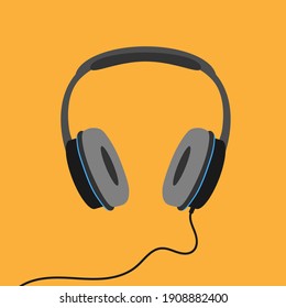 stereo headphones isolated on orange background, listen to music or podcast vector illustration