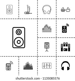 Stereo icon. collection of 13 stereo filled and outline icons such as loud speaker set, music loudspeaker, loudspeaker, mp3 player. editable stereo icons for web and mobile.