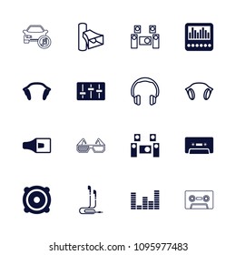 Stereo icon. collection of 16 stereo filled and outline icons such as speaker, cassette, earphones, audio system, headphones, volume. editable stereo icons for web and mobile.