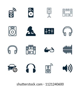 Stereo icon. collection of 16 stereo filled and outline icons such as dj, equalizer, volume, mp3 player, speaker, headphones. editable stereo icons for web and mobile.