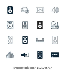 Stereo icon. collection of 16 stereo filled and outline icons such as speaker, loudspeaker, equalizer, listening device, volume. editable stereo icons for web and mobile.