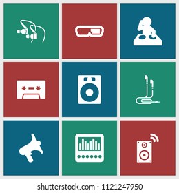 Stereo icon. collection of 9 stereo filled icons such as speaker, 3d glasses, dj, volume, music loudspeaker, cassette, earphones. editable stereo icons for web and mobile.
