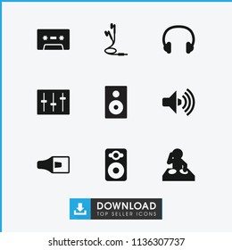 Stereo icon. collection of 9 stereo filled icons such as dj, speaker, sliders, earphones, headset, volume. editable stereo icons for web and mobile.