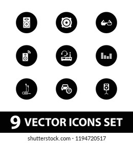 Stereo icon. collection of 9 stereo filled icons such as loudspeaker, listening device, 3d glasses, earphones, music loudspeaker. editable stereo icons for web and mobile.