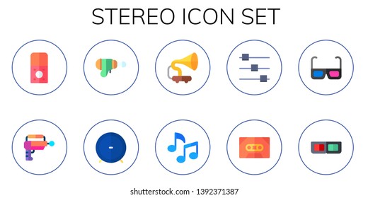 stereo icon set. 10 flat stereo icons.  Collection Of - recorder, blaster, speaker, gramophone, music, controls, cassette, d glasses