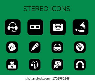 stereo icon set. 12 filled stereo icons. Included Headphones, Music, DJ, 3d glasses, Karaoke, Cassette, Mute, Gramophone, Vinyl, Audio icons