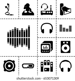Stereo icon. set of 13 filled stereoicons such as volume, speaker, loud speaker set, equalizer, earphones, loud speaker with equalizer, headset, listening device, headphones
