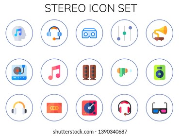 stereo icon set. 15 flat stereo icons.  Collection Of - music, Turntable, headphones, d glasses, speaker, controls, blaster, gramophone, cassette, turntable