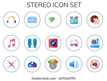 stereo icon set. 15 flat stereo icons. Included headphones, music, d glasses, speakers, blaster, turntable, recorder, dj, Turntable, earbuds, volume control, audio, no sound icons