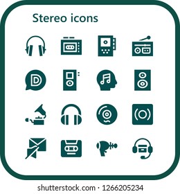  stereo icon set. 16 filled stereo icons. Simple modern icons about  - Headphones, Recorder, Radio, Disqus, Music, Woofer, Gramophone, Vinyl, Record, Mute, Cassette, Blaster