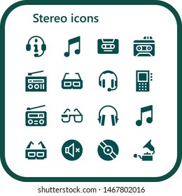 stereo icon set. 16 filled stereo icons.  Simple modern icons about  - Headphones, Music, Cassette, Recorder, Radio, 3d glasses, Dictaphone, Mute, Vinyl, Gramophone