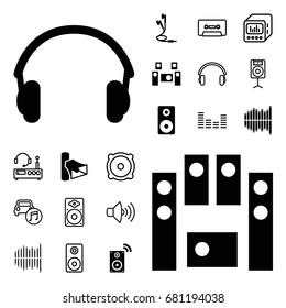 Stereo icon. set of 20 stereo filled and outline icons such as volume, loud speaker set, equalizer, earphones, loudspeaker, audio system, music loudspeaker, speaker, cassette