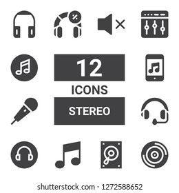 stereo icon set. Collection of 12 filled stereo icons included Vinyl, Record player, Music, Headphone, Headphones, Karaoke, Levels, Mute