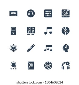 stereo icon set. Collection of 16 filled stereo icons included Headphone, Vinyl, Record player, Headphones, Music, Level, Control, Woofer, Walkman, Turntable, Levels, Cassette