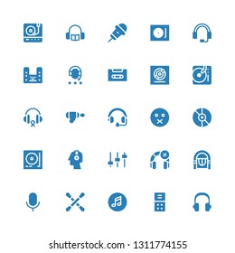 stereo icon set. Collection of 25 filled stereo icons included Headphones, Voice recorder, Music, Earbuds, Audio, Jukebox, Headphone, Levels, Turntable, Muted, Blaster, DJ, Vinyl
