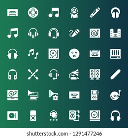 stereo icon set. Collection of 36 filled stereo icons included Headphones, Turntable, Music, Recorder, Record player, Vinyl, Record, Cassette, Gramophone, Level, Woofer, Headphone