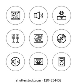Stereo icon set. collection of 9 outline stereo icons with cassette, dj, mp player, music box, mute, speakers, vinyl, turntable icons. editable icons.