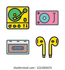 stereo icon set. vector set about turntable, cassette and earphones icons set.