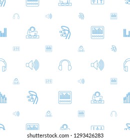 stereo icons pattern seamless white background. Included editable line earphones, headset, sliders, dj, volume, loud speaker with equalizer icons. stereo icons for web and mobile.