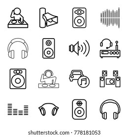 Stereo icons. set of 16 editable outline stereo icons such as speaker, headphones, dj, volume, equalizer, car music, earphones, loudspeaker, audio system